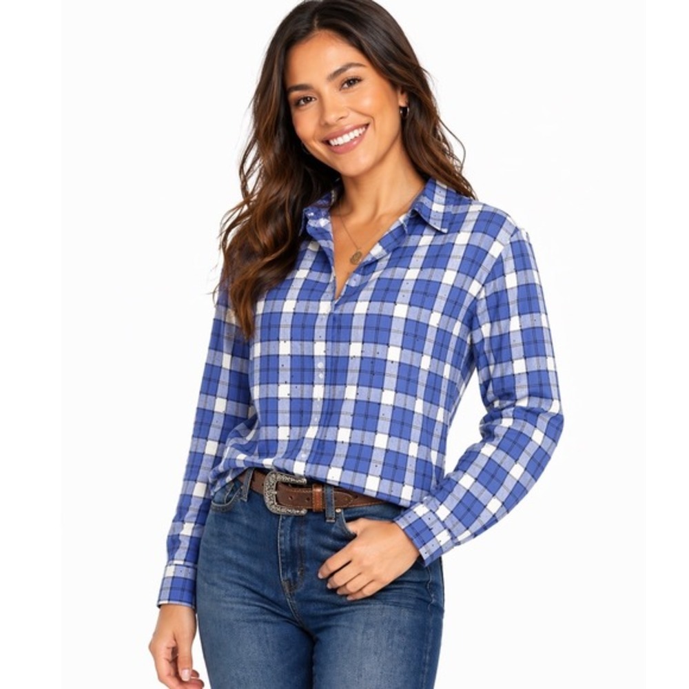 Old Navy Blue White Plaid Polka Dot Button Down‎ Cotton Shirt S Cowgirl 50-03